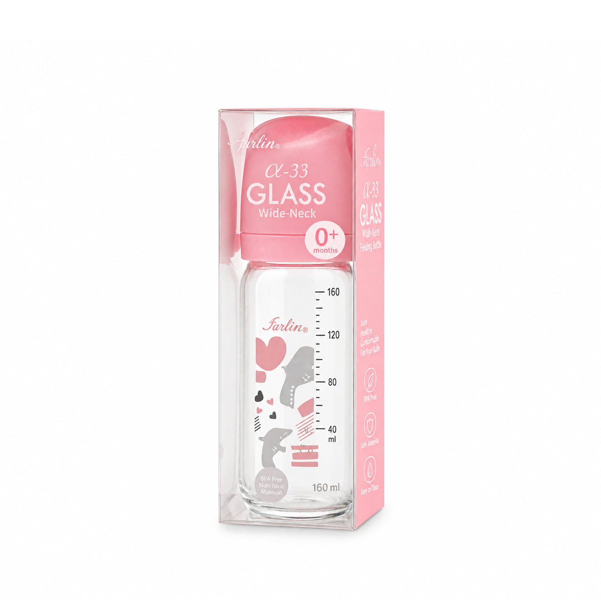 GLASS WIDE NECK FEEDER 160ML PINK